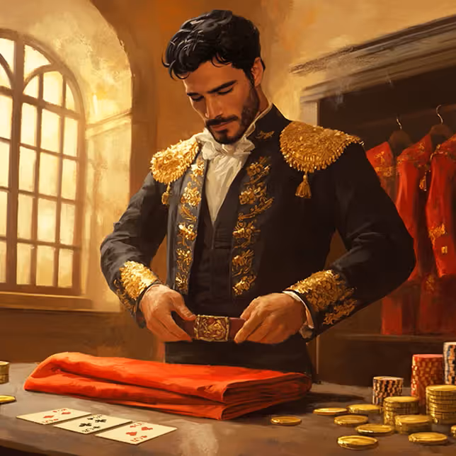 Elegancki mężczyzna w złoto-czarnym stroju matadora układa złote monety i żetony kasynowe na stole w luksusowym wnętrzu Casinia Casino