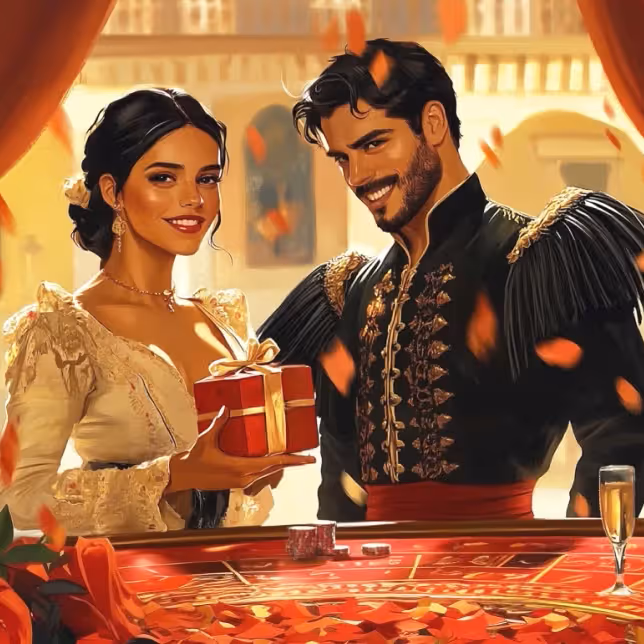 Para w eleganckich strojach przy stole ruletki w Casinia Casino świętuje wygraną i odbiera bonus powitalny 100% do 500 € oraz 200 darmowych spinów.