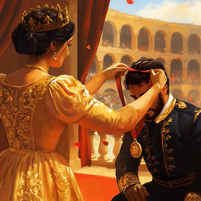 Kobieta w złotej sukni zakłada medal mężczyźnie w eleganckim stroju w Casinia Casino — symbol zwycięstwa, prestiżu i ekskluzywnych nagród dla graczy.