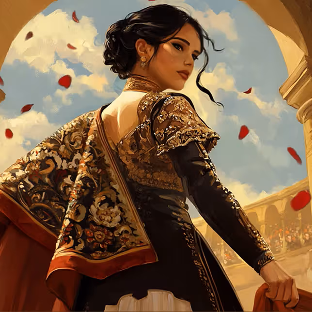 Kobieta w eleganckim stroju matadorki stoi na arenie, symbolizując pewność siebie i emocje związane z obstawianiem w Casinia Casino Sportsbook.