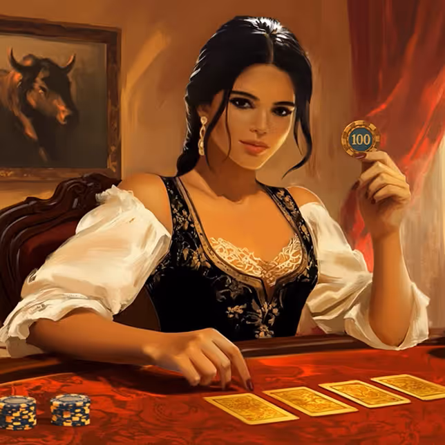 Kobieta z żetonem w dłoni gra przy stole w Casinia Casino, promując cotygodniowy bonus 50% oraz 50 darmowych spinów dla aktywnych graczy.